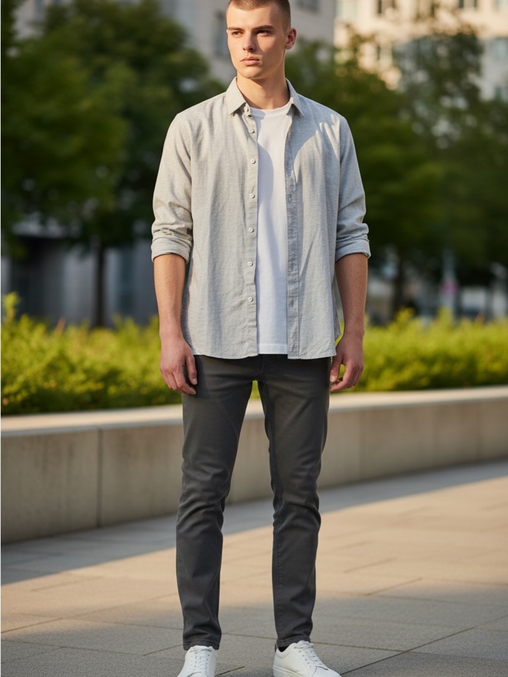 Light Gray Button-Up Shirt Over White Tee